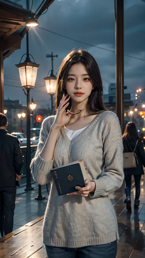 Two hands holding an open book, out of the book came out a planet shaped like a lamp, city background with people, blurred background, realistic image.