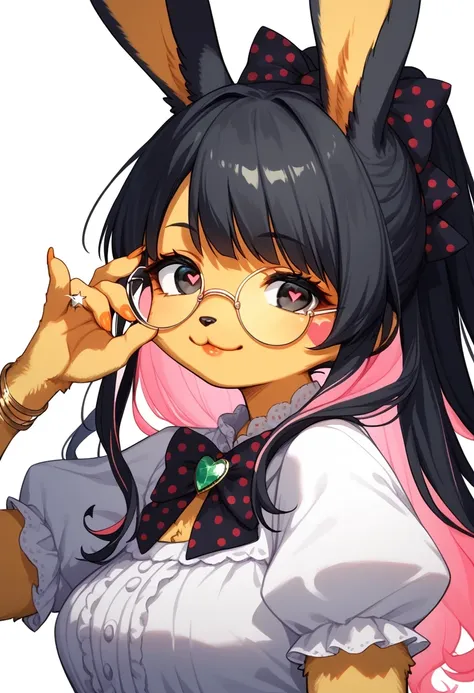 score_9, score_8_up, score_7_up, score_6_up, score_5_up, score_4_up, source_anime, best quality, masterpiece, 1 female, (furry, kemono:1.2), rabbit, black hair, pink hair, colored inner hair, solo, glasses, smile, looking at viewer, jewelry, nail polish, u...