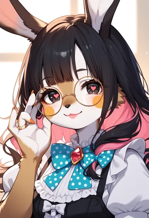 score_9, score_8_up, score_7_up, score_6_up, score_5_up, score_4_up, source_anime, best quality, masterpiece, 1 female, (furry, kemono:1.2), rabbit, black hair, pink hair, colored inner hair, solo, glasses, smile, looking at viewer, jewelry, nail polish, u...