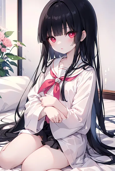 (Masterpiece)、Best Quality、Highest quality、High resolution、Very detailed、Glowing Skin、Bright highlights on eyes、Blushing、Black Hair、Pink Lips、Sailor suit、Red Eyes、Cute eyes、(whole body:1.3)、bed