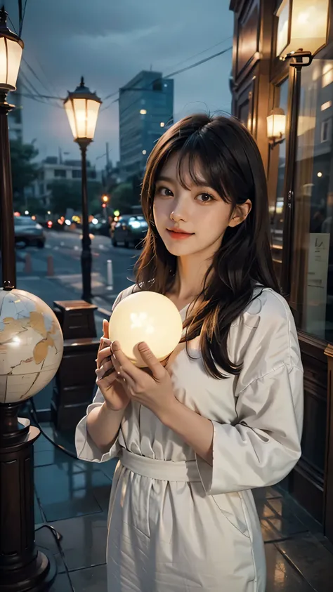 Two hands holding an open book, out of the book came out a planet shaped like a lamp, city background with people, blurred background, realistic image.