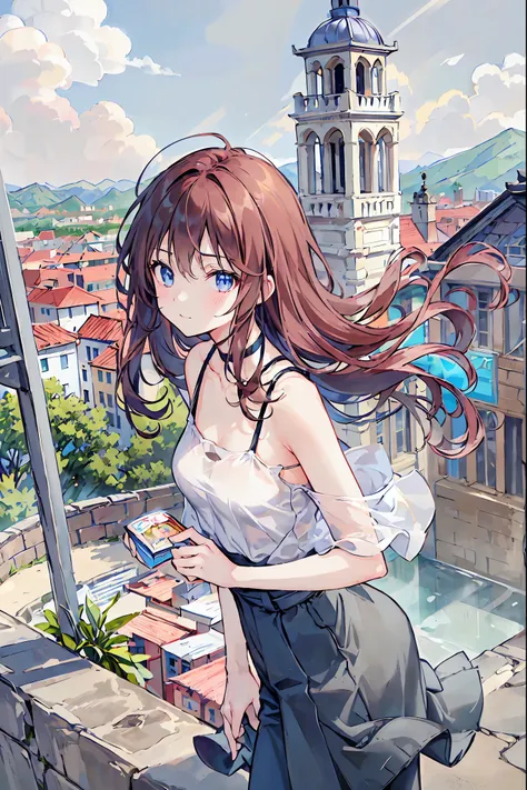 Leaning Tower of Pisa: Tower of Pisa，((masterpiece)), (anime:1.5), ((Best Quality)), (RAW Photos:1.2), (High resolution:1.3), (Professional photography:1.2), (chromatic aberration), One Girl, (()), (Serious), Observe the audience, Plain Shirt,  Disheveled ...