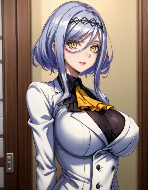 (huge breasts:1.21),(shiny hair),((solo)),((masterpiece)),((best quality)),perfect anatomy,slim waist,perfect image,8k UHD,(beautiful detailed eyes:1.5),extremely detailed face,standing,(upper body:1.15),(look at the front:1.5),ultra-detailed,absurdres,ult...