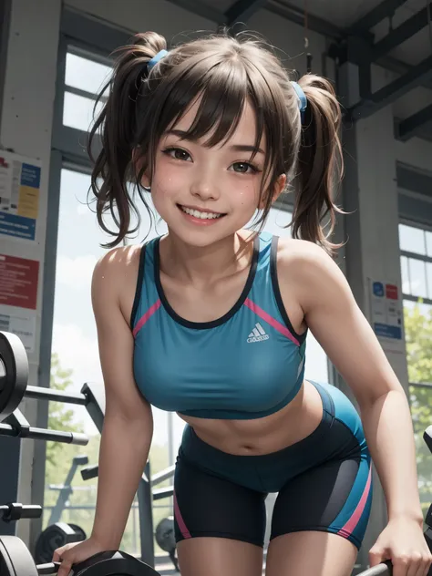 girl in sports outfit, break, girl, leaning forward, pigtails, bangs, sports bra, (13yo, cute:1.4), (breasts:1.2), bike shorts, ...