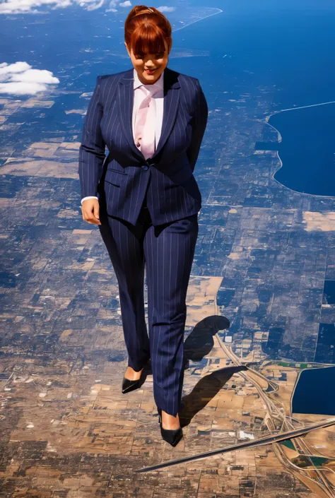 Giantess art, giga giantess in distance walking on through city, multiple women with beautiful curves, massive thighs, ginger hair, lipstick, wearing a perfect form-fitting loght grey pinstripe trouser suit and blazer, crisp white shirt with large spread c...