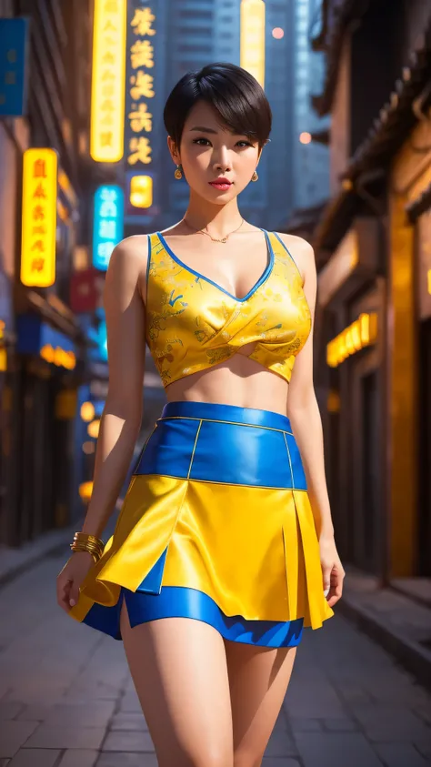 a woman with short hair,yellow v-neck,blue mini skirt,chinese city background,(best quality,4k,8k,highres,masterpiece:1.2),ultra-detailed,(realistic,photorealistic,photo-realistic:1.37),intricate details,cinematic lighting,vibrant colors,dynamic compositio...