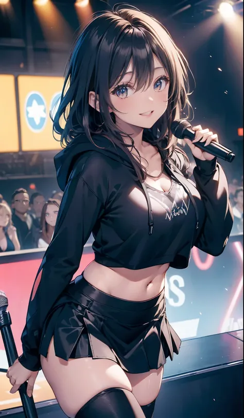 ((Idol Costumes,Big Breasts,Black hoodie)),beautiful, masterpiece, Best Quality,Beauty, Look at the viewers,smile,Neon Light,on stage,boots,Holding a microphone stand,Smiling,Facing forward,mini skirt,Screaming