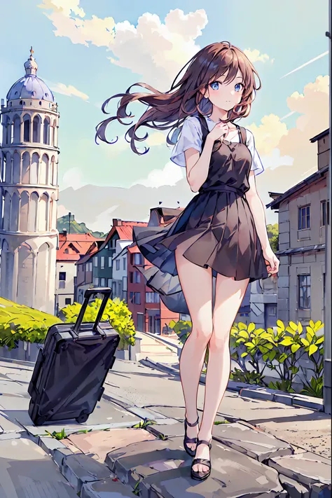 ((Tower of Pisa))，((Top of the big bell tower))，(((Girl standing on top of a tower)))，((masterpiece)), (anime:1.5), ((Best Quality)), (RAW Photos:1.2), (High resolution:1.5), (Professional photography:1.5), (chromatic aberration), One Girl, (Serious), Obse...