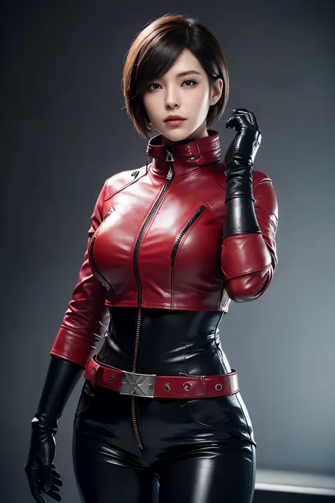 resident evil 6,ada,short hair,red rider jacket,stand up your collar,black leather pants,photorealistic,ultra hd,high quality,ma...