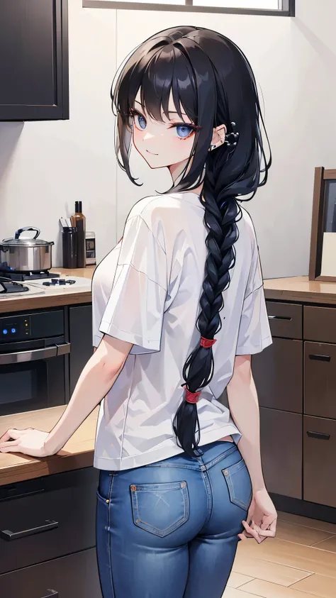 ((masterpiece、Best Quality、Very detailed))、One Girl、Black Hair、Shortcuts、((single braid))、Grey Eyes、evil smile、((lots of piercing))、Large、((White T-shirt))、jeans、Cowboy Shot、Turn around、Shoot from behind、Kitchen Background