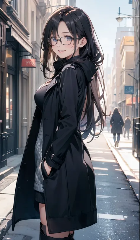 ((Winter clothes outfit,Big Breasts,Black long coat)),beautiful, masterpiece, Best Quality,Beauty, Look at the viewers,Sigh,smile,The sunlight pours in,Tree-lined street,Glasses,boots,Standing,Smiling,