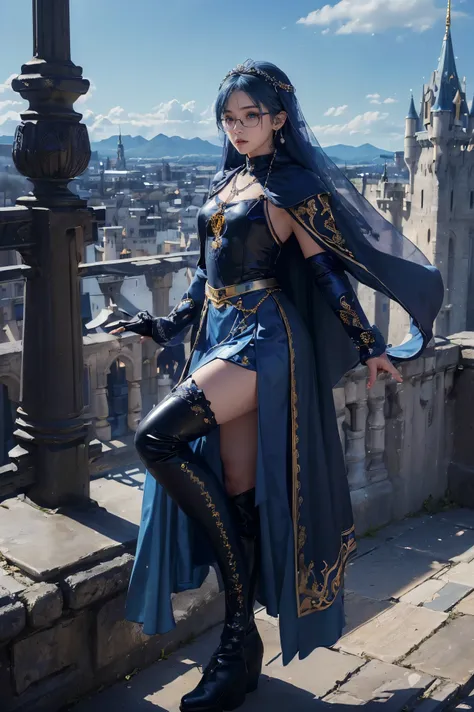 (Absurdly,high quality , Very detailed,32K,High image quality,Ultra HD)、(((One woman wearing glasses)))、(((Shiny blue hair、Wear a blue veil)))、(((Female monk、Layered Cloak)))、(((Blue long-sleeved embroidered outfit with a V-shaped opening at the chest、neck...