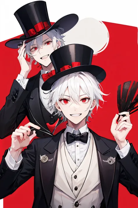 A crazy male with a top hat dressed in a tuxedo grinning white hair red eyes