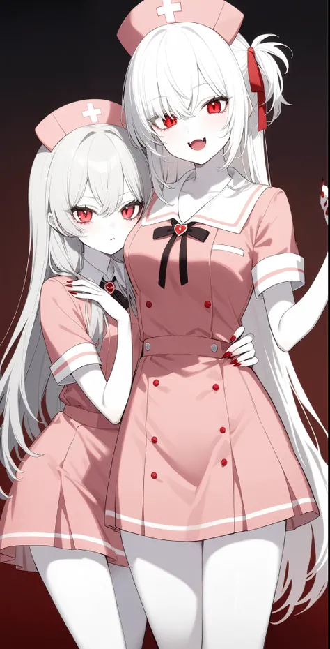 2 Girls、Hairstyle of your choice、Red eyes、Fangs growing、vampire、high school student、Pure white pale skin、Pure white hair、Nurse uniform、Nurse Skirt、Height 170cm or more、vampire学校の生徒、Red nails、Slightly sharp nails