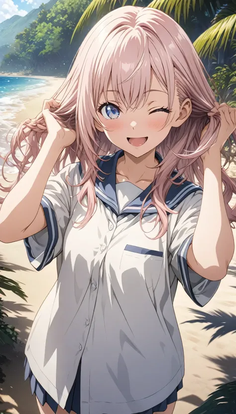 masterpiece, Highest quality, Highly detailed CG Unity 8K wallpapers, High School Girl Anime Illustration. Wear oversized clothing、she has her eyes closed and mouth open, smile. Realistic Backgrounds, 3Dart, Light pink hair color, Blue Eyes, Fingers brushi...