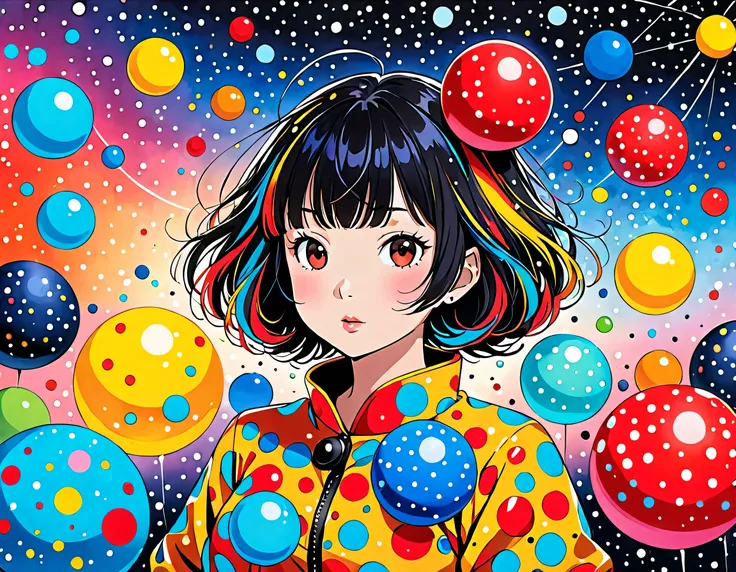 Ultra-realism Yayoi Kusama colorful style, Simple Line Initialism，Abstract art，Space Explorers