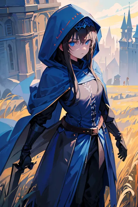 1girl, Black straight long hair, blue eyes, (Detailed face), Full body, ((intense blue medieval hood cape)), medieval, (Grasslands bakcground), masterpiece, black pants, (cute face), black hair, ((intense blue hood)), (((intesne blue hood))), ((black hair)...