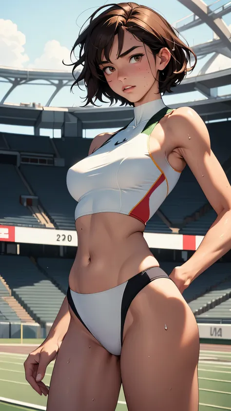 ((masterpiece)), ((Highest quality)),Ultra-high resolution, Caustics, detailed, Beautiful detailed Eyes, alone, (Athletics Stadium, Track and field athlete),Cowboy Shot,20 year old beauty、( another, High leg bloomers ,Show your belly),Slender body, Ideal b...