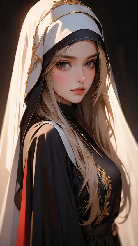 ((Masterpiece)), envision a 8k, highres, cinematic, extremely beautiful semi realistic close up portrait of a beautiful lady with a slender body, strong face, older mature face, blonde hair, side locks, long bangs, brown eyes, nun dress, long dress ((((1gi...