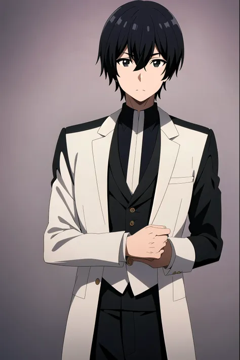 1boy, solo, male focus, looking at viewer, upper body, cid_kagenou, black hair, black eyes, hair between eyes, formal clothes, u...