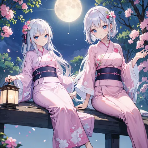 Relaxing in a pink yukata,Cute Girls,Silver Hair,Blue Eyes,moon,nature,Fifteenth Night