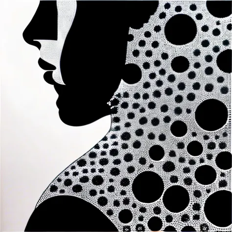 monochrome pointillism with very large dots、large dots on the body of a woman、numerous raised dots on the body、can be viewed