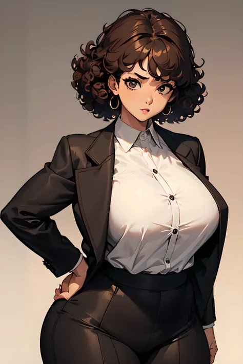 A medium-sized girl of 2, es actress, big breasts, somewhat thick thighs, linda, sexy body, actress, Her brown hair is short and afro curly, Suit, the clothes cover his body, White shirt, black jacket, Black pants. 