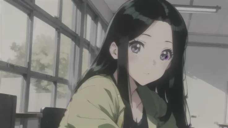 Ritsuko Takahashi, Girl with long black hair and green glitter in her hair, purple eyes, green dress yellow jacket, in the classroom