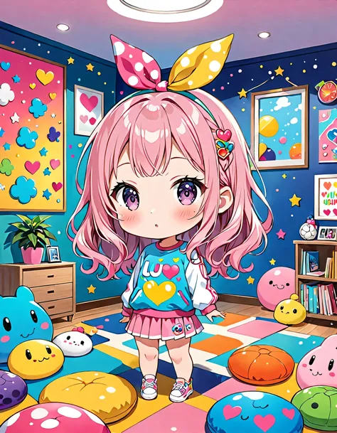 Ultra-realism 藤ちょこ colorful style, Simple Line Initialism，Abstract art，(((The most beautiful girl of all time))), chibi, colorful hearts, kawaii design, sports fashion, Dark Eyes, (((Holiday Room))), (((Cute amoeba)))
