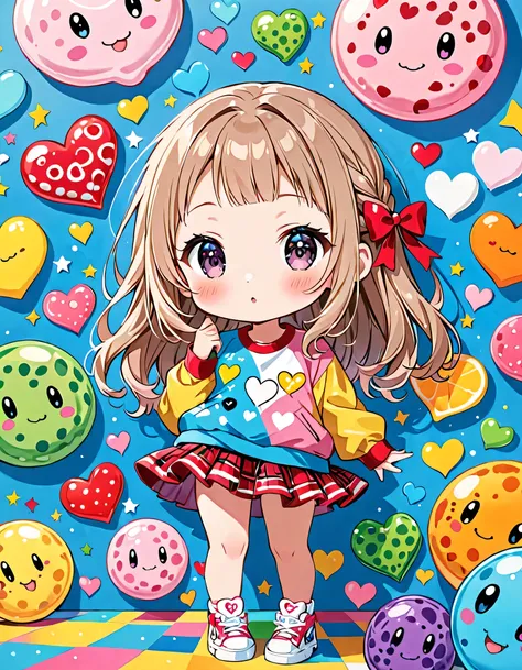 Ultra-realism 藤ちょこ colorful style, Simple Line Initialism，Abstract art，(((The most beautiful girl of all time))), chibi, colorful hearts, kawaii design, sports fashion, Dark Eyes, (((Holiday Room))), (((Cute amoeba)))
