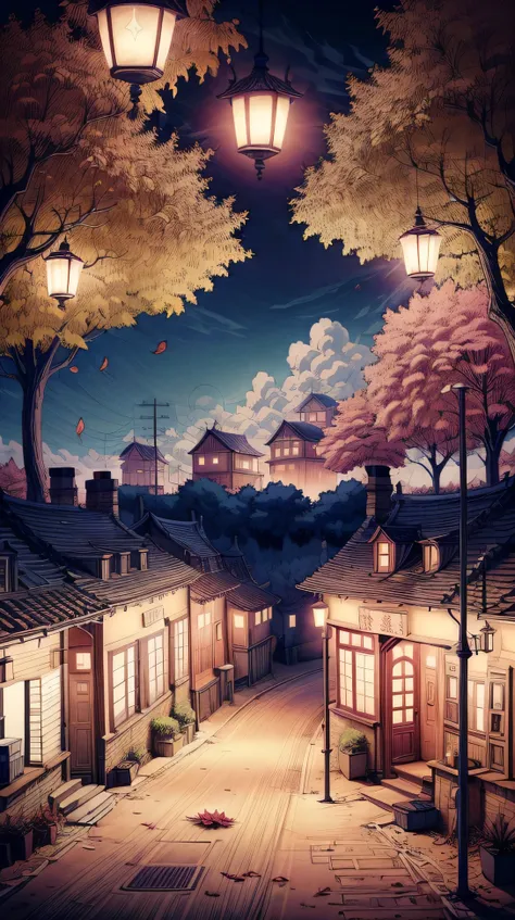 "An anime-style small village square in autumn, with fallen leaves swirling in the breeze, warm lanterns glowing, and quaint houses surrounding the square. The cozy atmosphere feels peaceful and nostalgic."