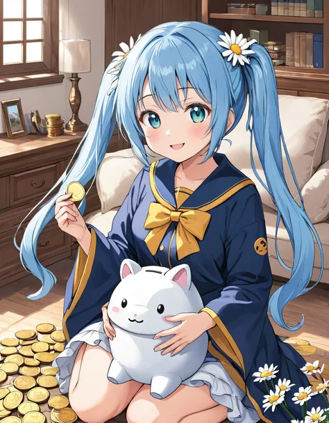 anime girl holding a big totoro piggy bank full of coins, light blue long hair、cute girl with twin tails, cute costumes、a bright...