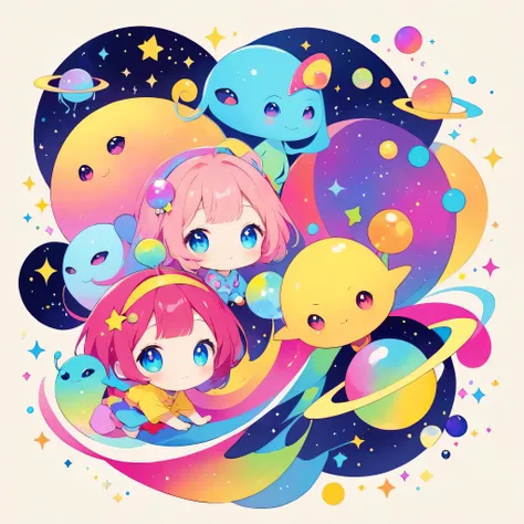 藤ちょこ colorfull style, Simple Line Initialism，Abstract art, girls, funny design, (((Cute Aliens))), The background is space