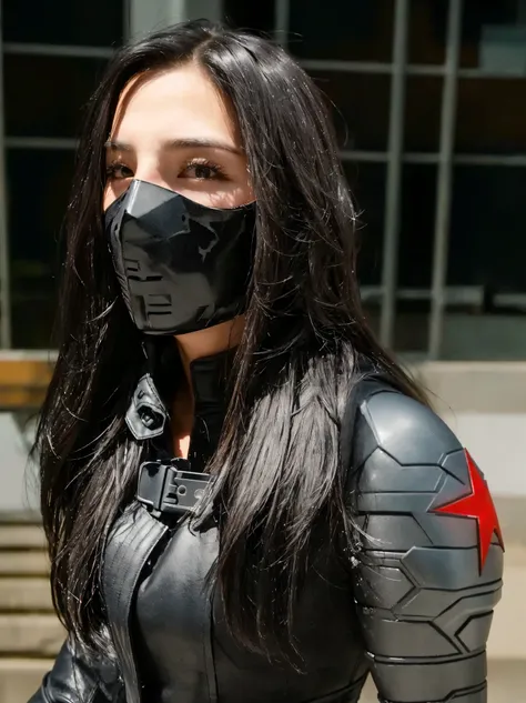 yeji in black leather suit and mask, winter soldier mask, dark natasha, he wore leather assassin armor., close-up photo at new y...