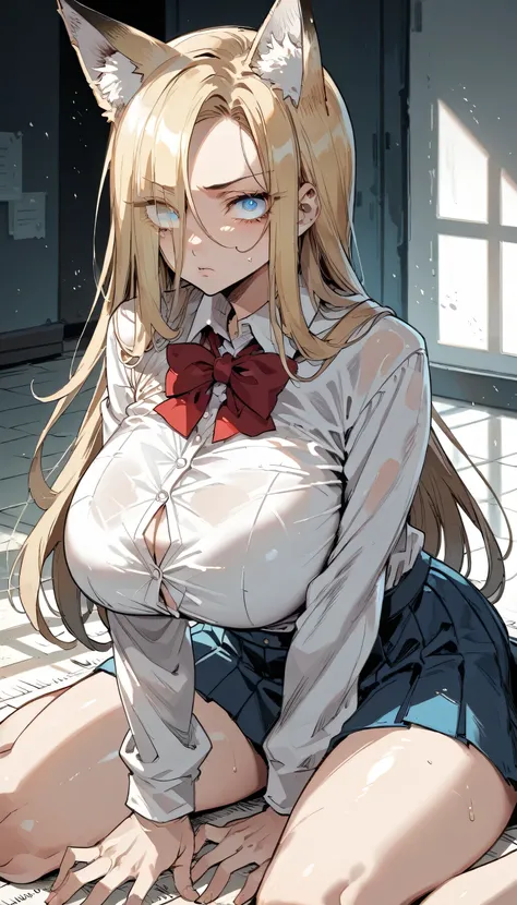 Cold Stare,(Fox Ears),(forehead,long hair over one eye),((side parted hair)),((huge breasts)),((Narrow eyes,Clear Eyes,Perfect Eyes)),Blonde,Long Hair,Old room,Magic School Uniform,Delinquent Girl,gal,mini skirt,sitting on the floor, clothes are exposed