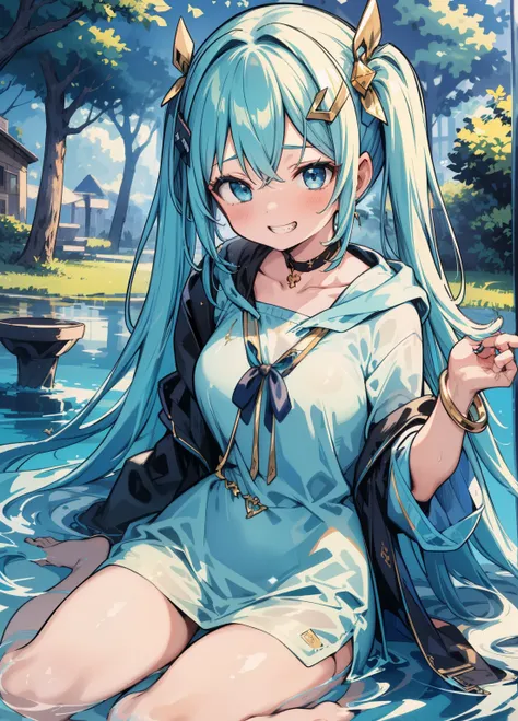 (masterpiece、Best Quality、Best Quality、Official Art、Beautiful and beautiful:1.2)、(One person:1.3)Hatsune Miku、Twin tails,Beautiful breasts,(masterpiece, best quality),  intricate details,, 1girl,     the mouth, multicolored hair, blue eyes, shark hair orna...