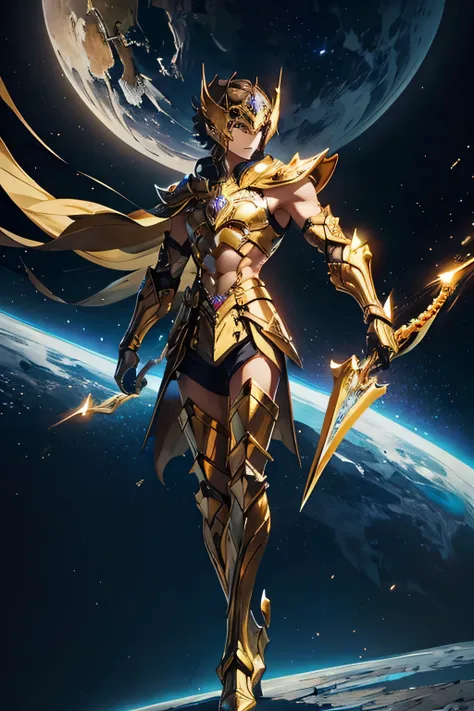 Its a man. The image presents a highly detailed and futuristic armor designed for a male warrior. The armor combines elements from different parts to create a cohesive and powerful look. Helmet: The helmet features a sleek, aerodynamic design with a golden...