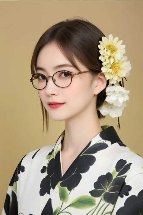 2 (20-year-old woman,Short Hair) , (A kind smile) , (kimono), (colorful), (Japanese painting by Uemura Shōen), flower, Glasses