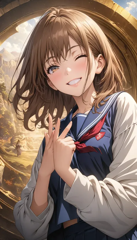 masterpiece, Highest quality, Highly detailed CG Unity 8K wallpapers, High School Girl Anime Illustration. Wear oversized clothing、she has her eyes closed and mouth open, smile. Realistic Backgrounds, 3Dart,Brown hair color, brown eyes, Anatomical Fingers,...