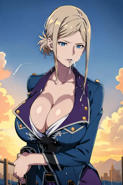 masterpiece, ((blue millitary uniform)), ((cleavage)) (best quality), (solo), 1girl, , blonde hair, purple hair , (short skirt),...