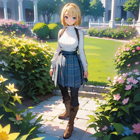 (high quality, High resolution, Very detailed, reality:1.37), Peaceful atmosphere, (Outdoor, garden), Teenage girl standing alone, (My breasts are large.), Beautiful details, Cute Smile, (Blonde Bob Hair), Ribbed sweater, Blue plaid skirt, Black tights, Br...