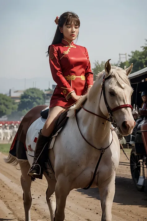 Chinese princess in the imperial red outfit on white horse, escorted by the soldiers, full body realistic photo