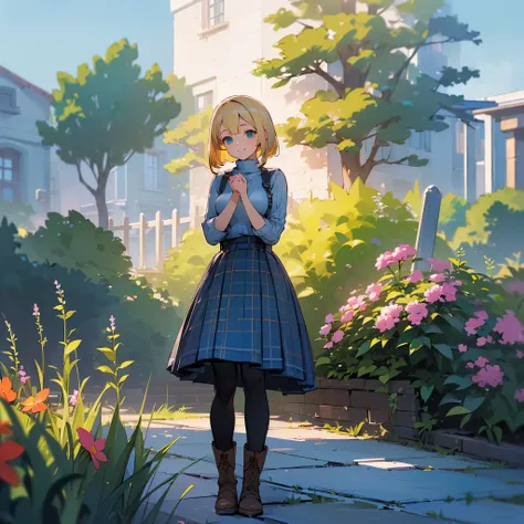 (high quality, High resolution, Very detailed, reality:1.37), Peaceful atmosphere, (Outdoor, garden), Teenage girl standing alone, (My breasts are large.), Beautiful details, Cute Smile, (Blonde Bob Hair), Ribbed sweater, Blue plaid skirt, Black tights, Br...