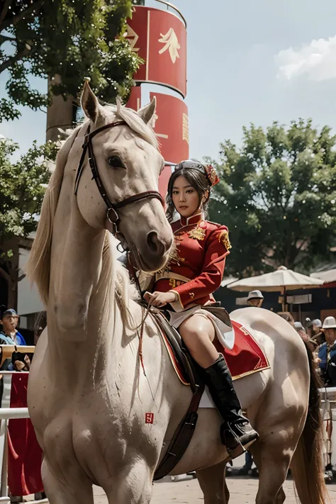 Chinese princess in the imperial red outfit on white horse, escorted by the soldiers, full body realistic photo