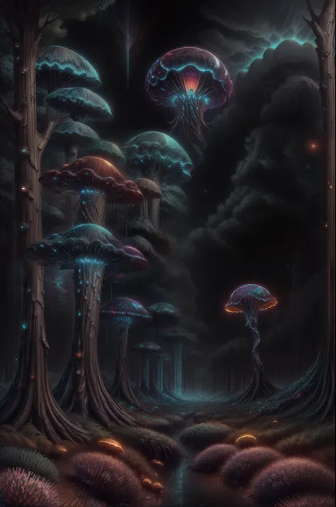 jellyfish swimming in a pine forest with magic mushrooms, starry sky and nebulae, digital art, psychedelic theme, vivid colors, ...