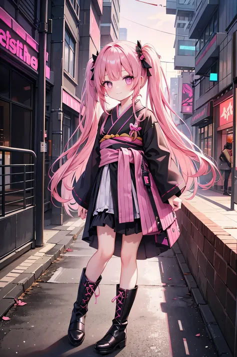 A petite girl with a Western look and beautiful features.　Pink blister々And shining eyes　Smiling quietly　Pink hair in twin tails　A pink, shining sword is hanging from his waist.　The costume is a black yukata with black frills　Dark brown boots　The background...