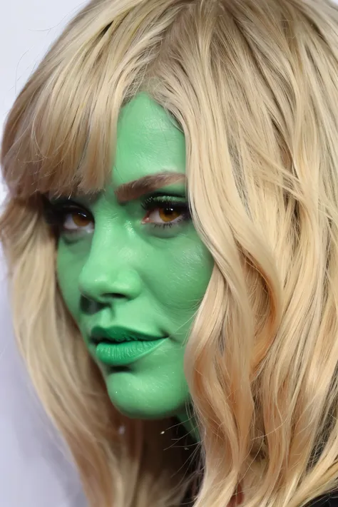 1 girl, blonde, with a green face