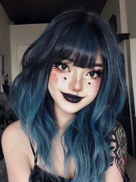 1girl,,egirlmakeup,smile,egirlmakeup,long hair, blue hair, bangs, freckles