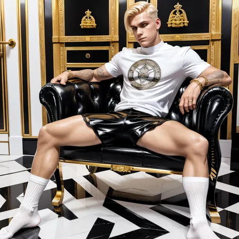 full body view, a blond arrogant boy with stylish undercut haircut, huge nostril piercing ring, lots of gold rings and jewelery, black shiny rubber shorts, black leather biker jacket, white Boy London tight lycra t-shirt, white long lace filthy socks, no s...