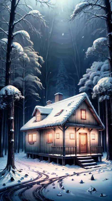 An anime-style woody house in a snowy forest, soft light, snow gently falls outside, creating a warm and peaceful winter night